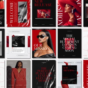 May include: A collection of promotional graphics with a red, black, and white color scheme. The graphics feature text such as "Welcome", "New Release", and "Our Mission". The images include fashion and beauty themes, with models and product displays.