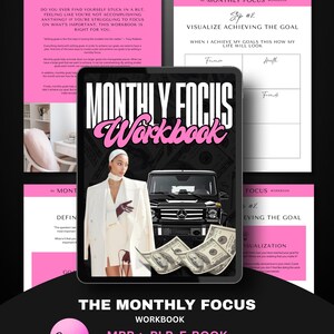 Könnte beinhalten: Ein digitales Arbeitsbuch mit dem Titel "Monthly Focus Workbook" mit einem rosa und weißen Design. Das Cover zeigt eine Frau in einem weißen Anzug, einen schwarzen SUV und Bargeld. Das Arbeitsbuch wird als MRR + PLR E-Book mit 25 Seiten beworben, das sofort zum Download bereitsteht.