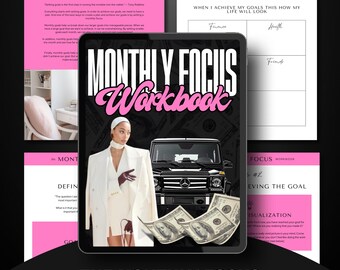 The Monthly Focus Workbook Ebook | Editable Pink Canva Book | Financial Boss Babe Success Lead Magnet | DFY MRR PLR Planner Instant Download