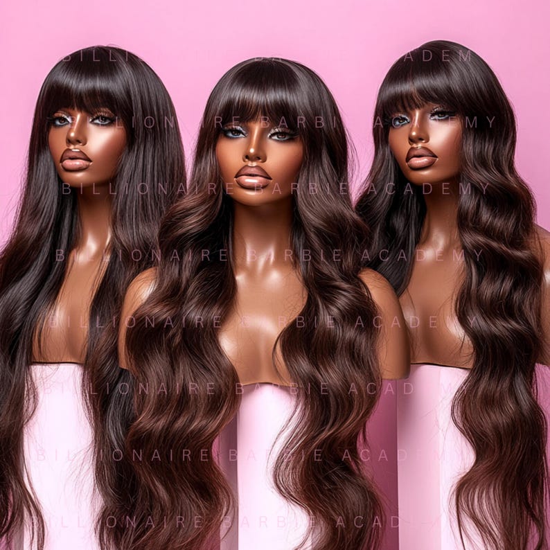 May include: Three mannequin heads with long, wavy brown wigs and bangs are displayed against a pink background. The wigs have varying shades of brown, with some having highlights. The text "BILLIONAIRE BARBIE ACADEMY" is visible.