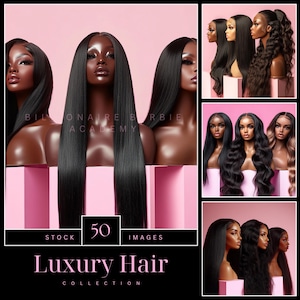 May include: A selection of images showcasing black wigs in diverse styles and lengths. The images feature long, straight, and wavy hair, set against a pink backdrop. The text "Luxury Hair Collection" is displayed at the bottom of the image.