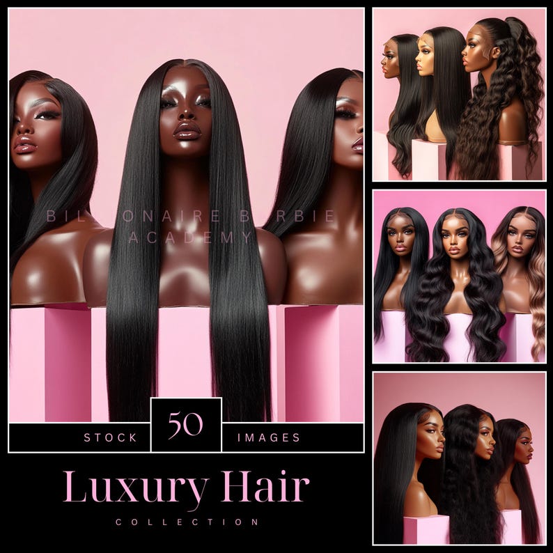 May include: A collection of images featuring various black wigs with different styles and lengths. The images showcase long, straight, and wavy hair, with a pink background. The text "Luxury Hair Collection" is displayed at the bottom.