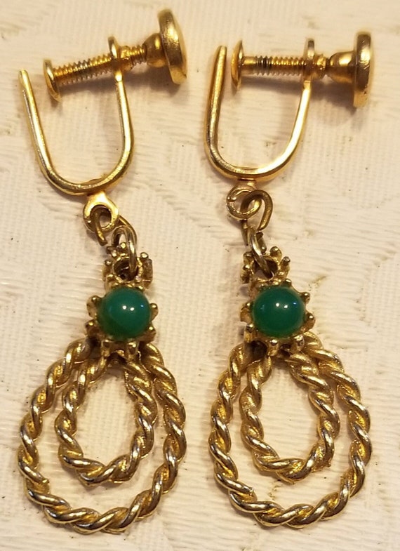 Vintage Jade and Gold Twist Drop Earrings Screw On