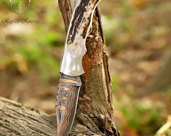 Handcrafted Copper Damascus Folding Pocket Knife with Staghorn Antler Handle