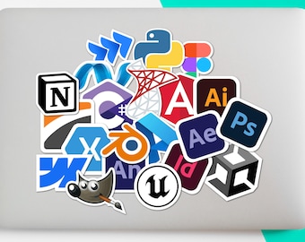 20 autocollants logos d'application | Pack d'autocollants techniques en vinyle | Stickers geek étanches pour ordinateur portable, bouteille d'eau, ordinateur portable, cadeau de designer pour développeur Web