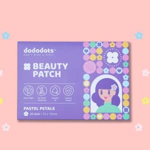 May include: A purple box with the text "oooooodoots: don't miss a spot" and "BEAUTY PATCH" in white. The box has a colorful design with a cartoon girl and the text "PASTEL PETALS 20 dots - 12 x 12mm".