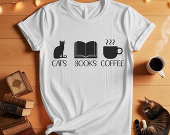 Cats Books Coffee T-Shirt: Bookworm Cat Lover Gift