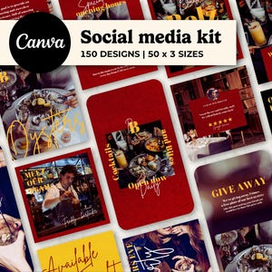 以下が含まれることがあります： さまざまなサイズの150のデザインが収録された、Canvaのソーシャルメディアキット。カクテル、カキ、営業時間など、レストランをテーマにした複数のソーシャルメディアテンプレートが画像に表示されています。カラーパレットは赤、金、白です。