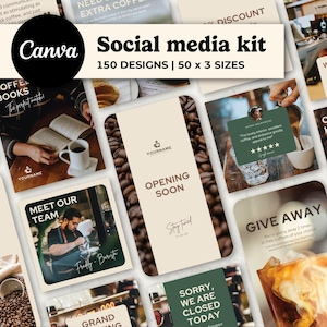 Op de afbeelding: Een Canva social media kit met 150 ontwerpen in verschillende formaten. De afbeelding toont een verzameling social media sjablonen met koffiethema, waaronder berichten voor openingstijden, weggeefacties en teamintroducties. Het kleurenpalet omvat groen, beige en bruin.