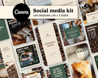 May include: A Canva social media kit with 150 designs in various sizes. The image showcases a collection of coffee-themed social media templates, including posts for opening hours, giveaways, and team introductions. The color palette includes green, beige, and brown.
