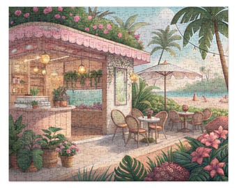 May include: A pink and white beachside cafe with a patio featuring tables and chairs. The cafe has a large window and a green roof with tropical plants. The cafe is located on a beach with palm trees and a blue ocean in the background.