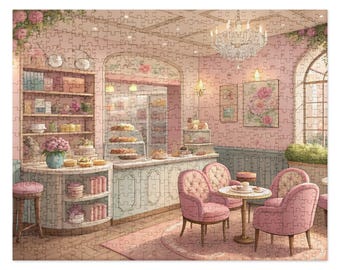 May include: A pastel pink and blue cafe interior with a counter displaying pastries and a seating area with two pink chairs and a table. The cafe has a floral theme with pink roses and a chandelier.