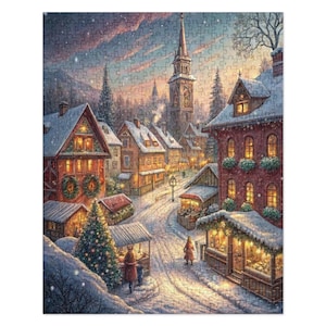 Snowy European Christmas Village Jigsaw Puzzle, Festive Winter Wonderland Scene, Cozy Holiday Gift for Puzzle Lovers