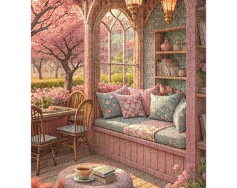 Spring Garden Reading Nook Puzzle – Vibrant Book Café Jigsaw (252/520 pcs)