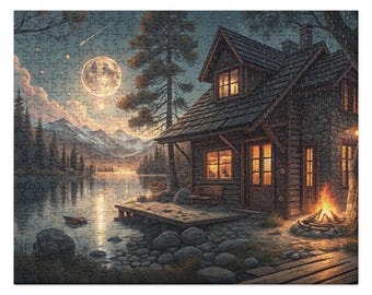 May include: A cozy wooden cabin with a warm glow from the windows sits on a lake shore under a full moon. The cabin has a porch with a rocking chair and a fire pit in front. The scene is set against a backdrop of mountains and trees.