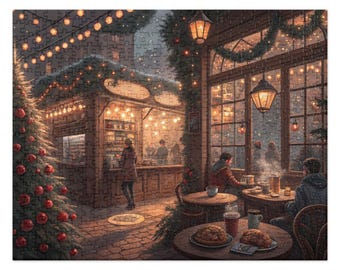 May include: A Christmas-themed jigsaw puzzle depicting a cozy outdoor cafe scene. The puzzle features a Christmas tree, string lights, and people enjoying food and drinks. The color palette is warm, with shades of brown, orange, and red.