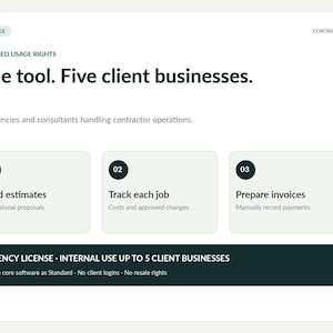 May include: A Tallyridge Contractor Pro informational graphic titled One tool. Five client businesses. It lists three features: 01 Build estimates, 02 Track each job, and 03 Prepare invoices, with an Agency License for five client businesses.
