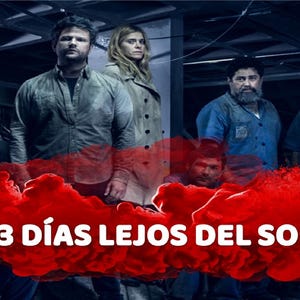 May include: A promotional image for a television series featuring a group of people. The title "13 Días Lejos Del Sol" is displayed in white text over a red cloud-like design. The background is dark, with a focus on the cast.