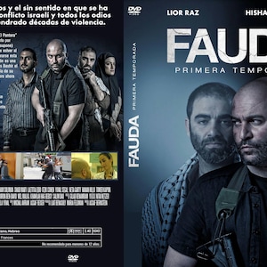 May include: DVD cover for the television series "Fauda: Primera Temporada" featuring Lior Raz and Hisham Suliman. The cover has a dark, serious tone with images of the actors and text in Spanish.