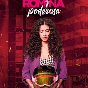 May include: A woman with curly brown hair wearing a purple jacket and a black and white checked top holds a black motorcycle helmet with a pink and yellow visor. The text "ROMINA poderosa" is in pink letters above her head.