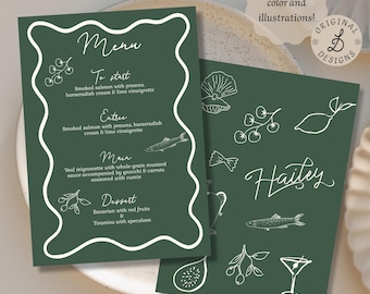 Puede incluir: Una tarjeta de menú verde con texto blanco e ilustraciones. El menú incluye platos como salmón ahumado, solomillo de ternera y tiramisú. La tarjeta está titulada "Menú" y tiene el nombre "Hailey" escrito en cursiva en la parte inferior.