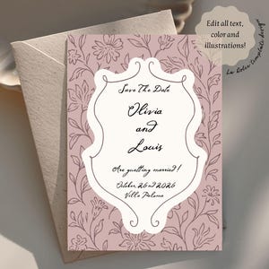 RESERVEZ L'invitation | Modèle élégant de mariage floral rose | Cadre vintage avec police manuscrite | Imprimable « Retenez notre date » | 0012