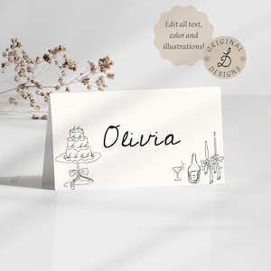 PLACES DE TABLE | Cartes de visite originales dessinées à la main | Conception fantaisiste manuscrite | Décoration de mariage ou de fête imprimable | Modèle modifiable 003