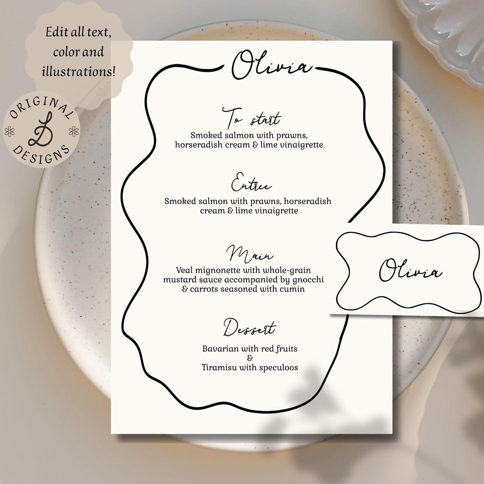 Whimsical Wedding Menu & Place Card Template: Hand-drawn Scribble ...