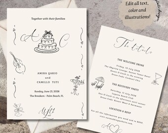 illustrated Wedding Invitation Template | Unique Scribble Illustrations Handwritten Wedding Itinerary Printable  colorful, whimsical | 006