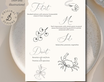 Plantilla de menú de boda dibujada a mano: Cena de ensueño (Descarga digital)