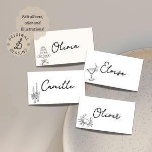 TISCH-TISCHKARTEN | wunderliche Namenstischkarten | handgeschrieben | schrullig, flippig | Lustiges handgezeichnetes Design | Hochzeitsdekor 001