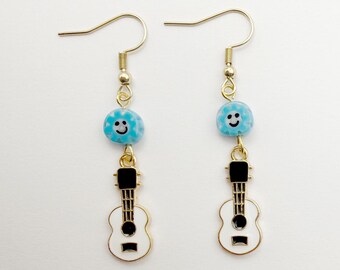 White Enamel Ukulele Earrings: Millefiori Smile