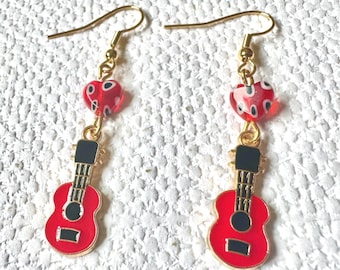 Red Ukulele Earrings: Enamel Charms, Millefiori Glass Beads, Gold Plated Wires