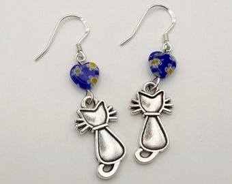 Silver Cat Dangle Earrings: Blue Heart Millefiori Bead, Sterling Silver Ear Wires