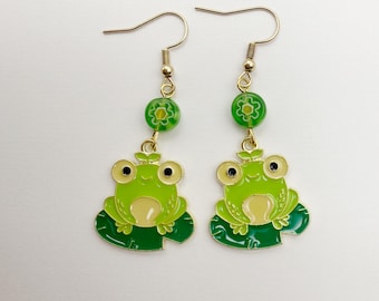 Green Frog Enamel Earrings: Millefiori Flower Beads