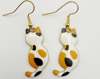 Tortoiseshell Cat Earrings: Funky Dangle Drop Earrings, Gold Plated Ear Wires