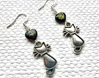 Silver Cat Dangle Earrings: Sterling Silver, Millefiori Glass Beads