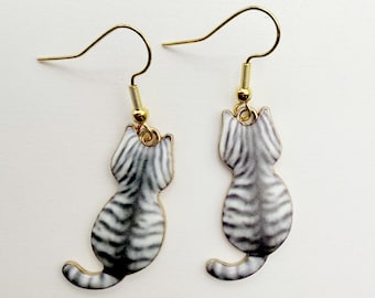 Tabby Cat Earrings, Gold Plated Ear Wires, Enamel Charm