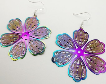 Holographic Flower Earrings: Handmade Stainless Steel Filigree, Sterling Silver