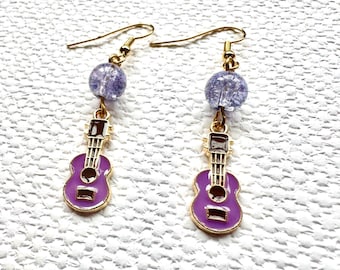Purple Ukulele Earrings: Enamel Charms with Crackle Glass Beads