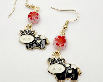 Black Cow Enamel Earrings : Murano glass, gold plated ear wires