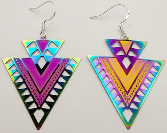 Holographic Filigree Earrings: Sterling Silver, Funky Colourful Abstract
