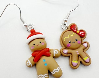 Christmas Gingerbread Couple Earrings, Lightweight Resin, Silver Ear Wires