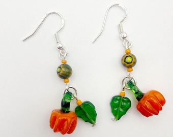 Handblown Glass Pumpkin Earrings, Millefiori Glass Beads, Silver Ear Wires