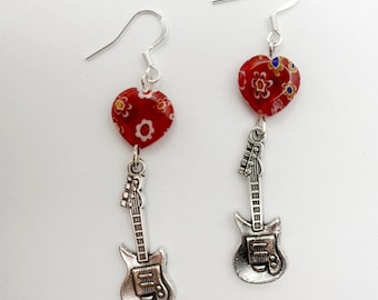 Electric Ukulele Earrings: Millefiori Glass Hearts, Silver Charms