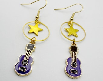 Purple Enamel Ukulele Earrings: Wishing Stars, Gold Plated Ear Wires