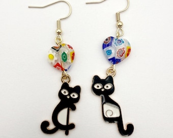 Mismatched Cats, Enamel Earrings; Millefiori Glass Heart Beads, Gold Plated Ear Wires
