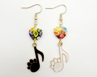 Mismatched Enamel Cat Paws Earrings, Millefiori Heart Bead, Gold Plated Ear Wires