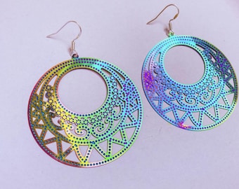 Holographic Filigree Hoop Earrings: Sterling Silver, Psychedelic Disco