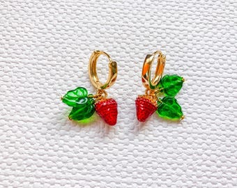 Handmade Enamel Strawberry Earrings: 18K Gold Plated Hoops